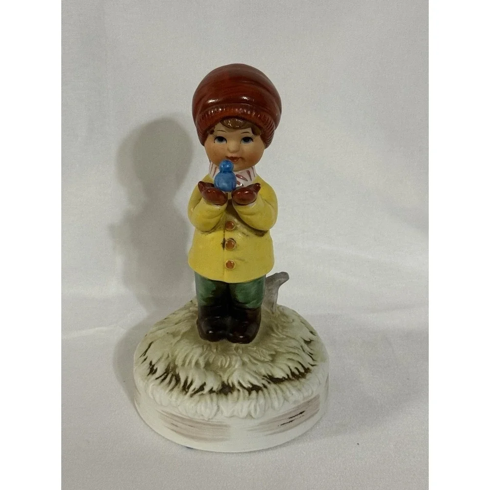 Vintage 1960s Gorham Japan Music Box Figurine Girl w Bird Hummel Style